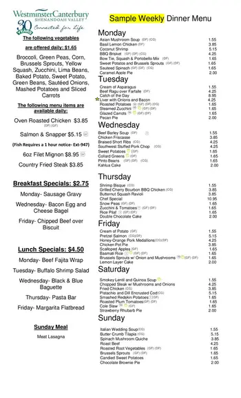 Dining menu of Shenandoah Valley Westminster Canterbury, Assisted Living, Nursing Home, Independent Living, CCRC, Winchester, VA 4