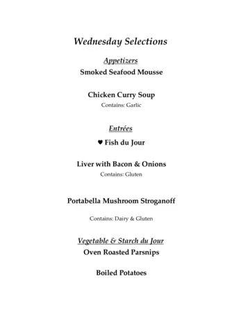 Dining menu of Wake Robin, Assisted Living, Nursing Home, Independent Living, CCRC, Shelburne, VT 14