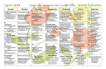 Activity Calendar of Sunrise View, Assisted Living, Nursing Home, Independent Living, CCRC, Everett, WA 5