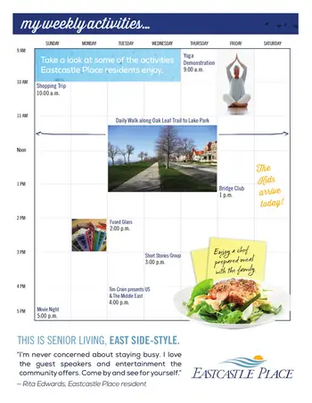 Activity Calendar of Eastcastle Place, Assisted Living, Nursing Home, Independent Living, CCRC, Milwaukee, WI 1