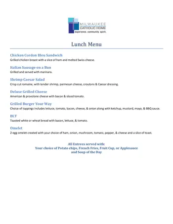Dining menu of Milwaukee Catholic Home, Assisted Living, Nursing Home, Independent Living, CCRC, Milwaukee, WI 1