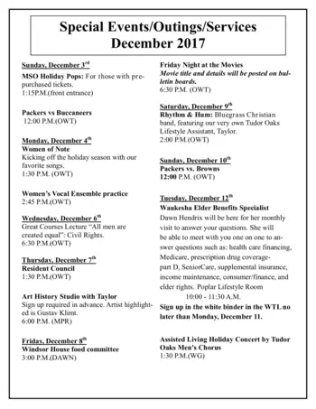 Activity Calendar of Tudor Oaks, Assisted Living, Nursing Home, Independent Living, CCRC, Muskego, WI 3