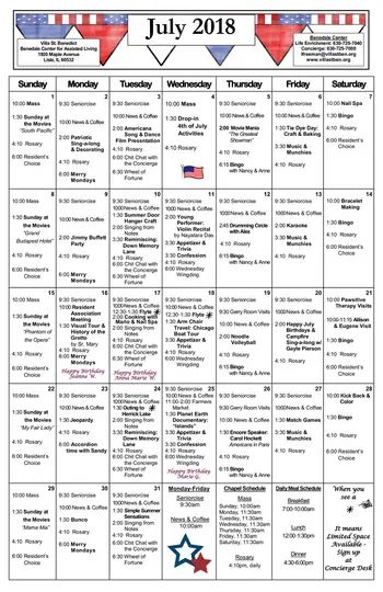 Activity Calendar of Villa St. Benedict, Assisted Living, Nursing Home, Independent Living, CCRC, Lisle, IL 2