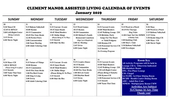 Activity Calendar of Clement Manor, Assisted Living, Nursing Home, Independent Living, CCRC, Greenfield, WI 4