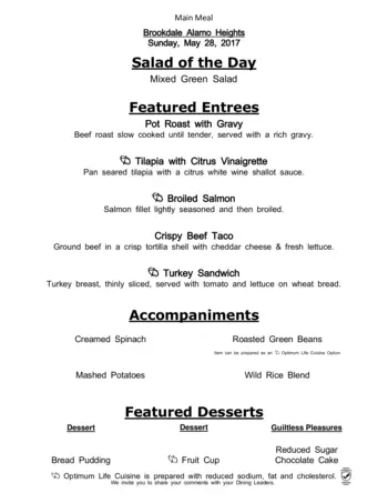 Dining menu of Brookdale Alamo Heights, Assisted Living, Nursing Home, Independent Living, CCRC, San Antonio, TX 1