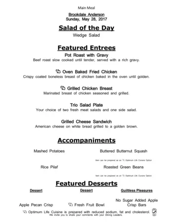 Dining menu of Brookdale Anderson, Assisted Living, Nursing Home, Independent Living, CCRC, Anderson, SC 1