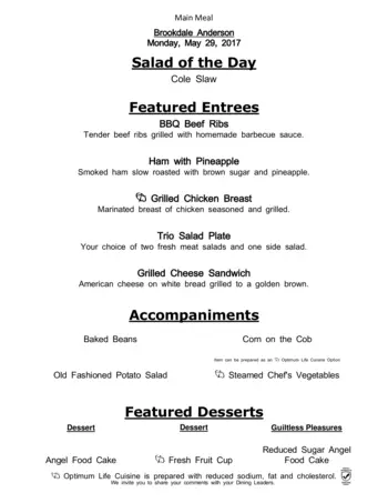 Dining menu of Brookdale Anderson, Assisted Living, Nursing Home, Independent Living, CCRC, Anderson, SC 2