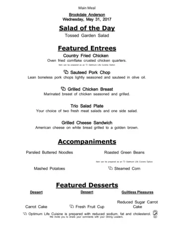 Dining menu of Brookdale Anderson, Assisted Living, Nursing Home, Independent Living, CCRC, Anderson, SC 4