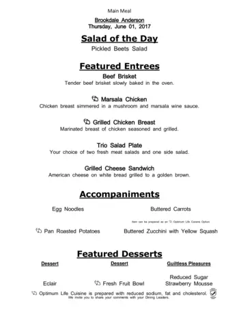 Dining menu of Brookdale Anderson, Assisted Living, Nursing Home, Independent Living, CCRC, Anderson, SC 5