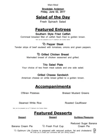 Dining menu of Brookdale Anderson, Assisted Living, Nursing Home, Independent Living, CCRC, Anderson, SC 6