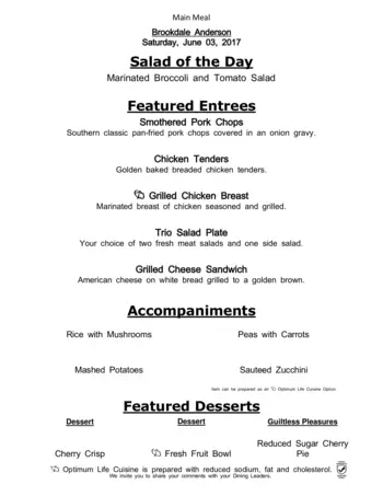 Dining menu of Brookdale Anderson, Assisted Living, Nursing Home, Independent Living, CCRC, Anderson, SC 7
