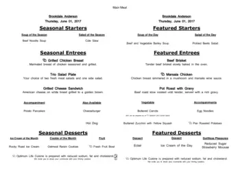 Dining menu of Brookdale Anderson, Assisted Living, Nursing Home, Independent Living, CCRC, Anderson, SC 12