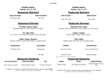 Dining menu of Brookdale Anderson, Assisted Living, Nursing Home, Independent Living, CCRC, Anderson, SC 14