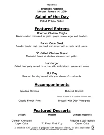 Dining menu of Brookdale Anderson, Assisted Living, Nursing Home, Independent Living, CCRC, Anderson, SC 16