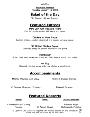 Dining menu of Brookdale Anderson, Assisted Living, Nursing Home, Independent Living, CCRC, Anderson, SC 17