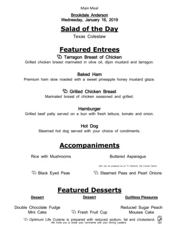 Dining menu of Brookdale Anderson, Assisted Living, Nursing Home, Independent Living, CCRC, Anderson, SC 18