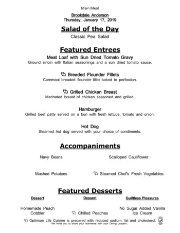 Dining menu of Brookdale Anderson, Assisted Living, Nursing Home, Independent Living, CCRC, Anderson, SC 19