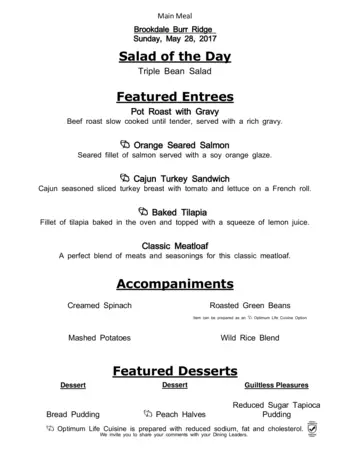 Dining menu of Brookdale Burr Ridge, Assisted Living, Nursing Home, Independent Living, CCRC, Burr Ridge, IL 1