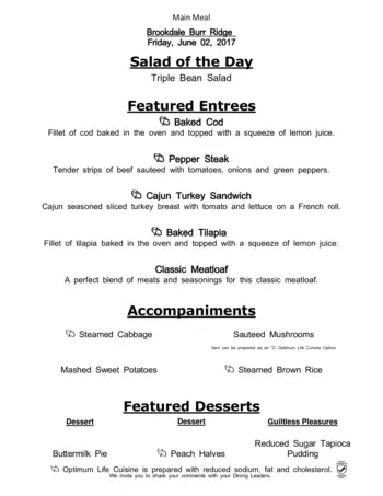 Dining menu of Brookdale Burr Ridge, Assisted Living, Nursing Home, Independent Living, CCRC, Burr Ridge, IL 6
