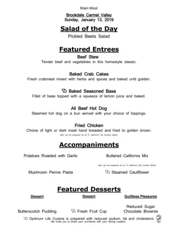 Dining menu of Brookdale Carmel Valley, Assisted Living, Nursing Home, Independent Living, CCRC, San Diego, CA 8