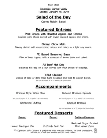 Dining menu of Brookdale Carmel Valley, Assisted Living, Nursing Home, Independent Living, CCRC, San Diego, CA 10