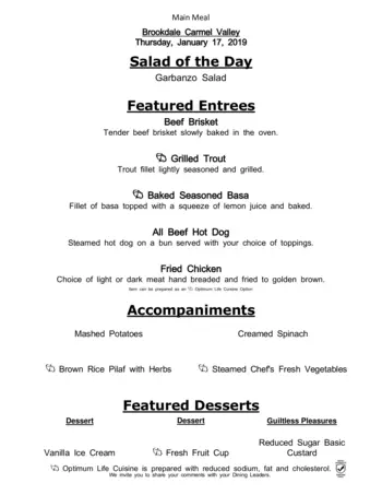 Dining menu of Brookdale Carmel Valley, Assisted Living, Nursing Home, Independent Living, CCRC, San Diego, CA 12