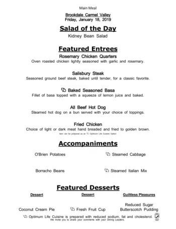 Dining menu of Brookdale Carmel Valley, Assisted Living, Nursing Home, Independent Living, CCRC, San Diego, CA 13