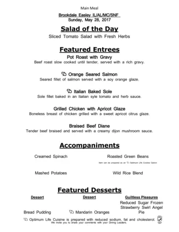 Dining menu of Easley Place, Assisted Living, Nursing Home, Independent Living, CCRC, Easley, SC 1