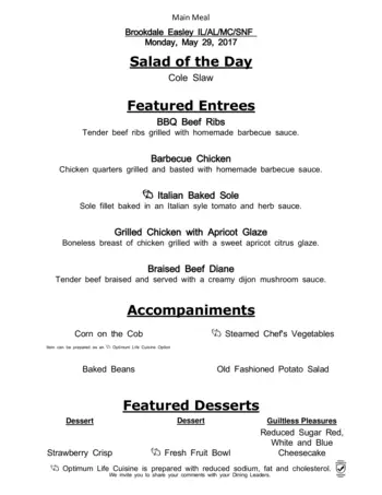 Dining menu of Easley Place, Assisted Living, Nursing Home, Independent Living, CCRC, Easley, SC 2