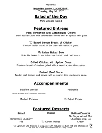 Dining menu of Easley Place, Assisted Living, Nursing Home, Independent Living, CCRC, Easley, SC 3