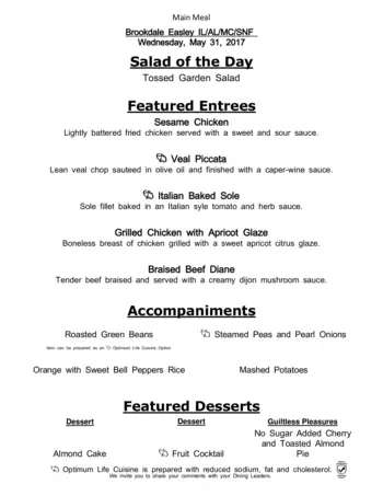 Dining menu of Easley Place, Assisted Living, Nursing Home, Independent Living, CCRC, Easley, SC 4