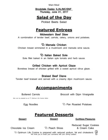 Dining menu of Easley Place, Assisted Living, Nursing Home, Independent Living, CCRC, Easley, SC 5