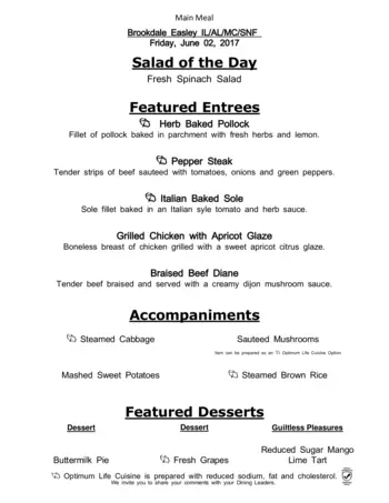 Dining menu of Easley Place, Assisted Living, Nursing Home, Independent Living, CCRC, Easley, SC 6