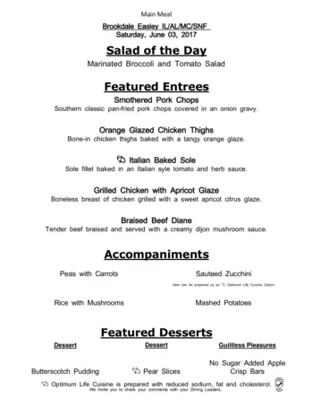 Dining menu of Easley Place, Assisted Living, Nursing Home, Independent Living, CCRC, Easley, SC 7