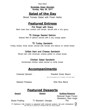 Dining menu of Brookdale Green Mountain, Assisted Living, Nursing Home, Independent Living, CCRC, Lakewood, CO 1