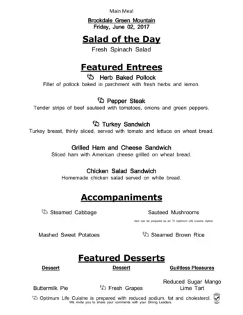 Dining menu of Brookdale Green Mountain, Assisted Living, Nursing Home, Independent Living, CCRC, Lakewood, CO 6