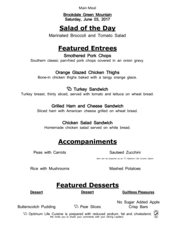 Dining menu of Brookdale Green Mountain, Assisted Living, Nursing Home, Independent Living, CCRC, Lakewood, CO 7