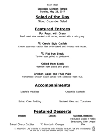 Dining menu of Meridian of Temple, Assisted Living, Nursing Home, Independent Living, CCRC, Temple, TX 1