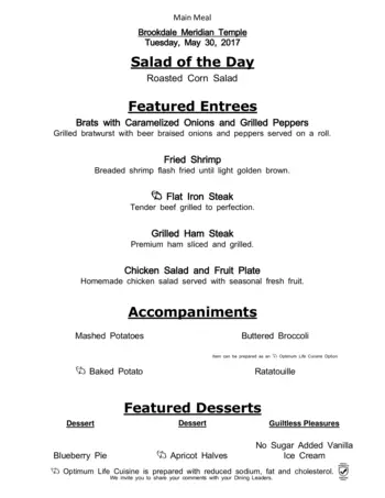 Dining menu of Meridian of Temple, Assisted Living, Nursing Home, Independent Living, CCRC, Temple, TX 3