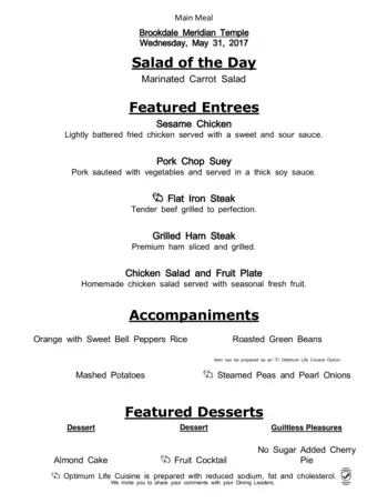 Dining menu of Meridian of Temple, Assisted Living, Nursing Home, Independent Living, CCRC, Temple, TX 4