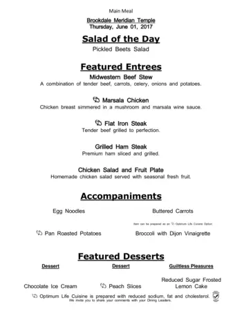 Dining menu of Meridian of Temple, Assisted Living, Nursing Home, Independent Living, CCRC, Temple, TX 5