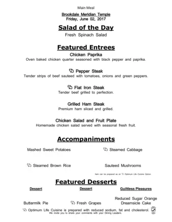 Dining menu of Meridian of Temple, Assisted Living, Nursing Home, Independent Living, CCRC, Temple, TX 6
