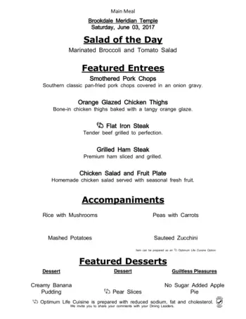 Dining menu of Meridian of Temple, Assisted Living, Nursing Home, Independent Living, CCRC, Temple, TX 7