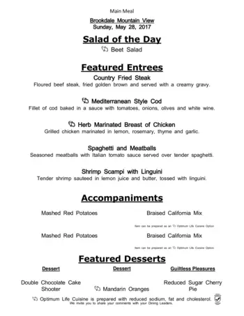 Dining menu of The Courtyards at Mountain View, Assisted Living, Nursing Home, Independent Living, CCRC, Denver, CO 1