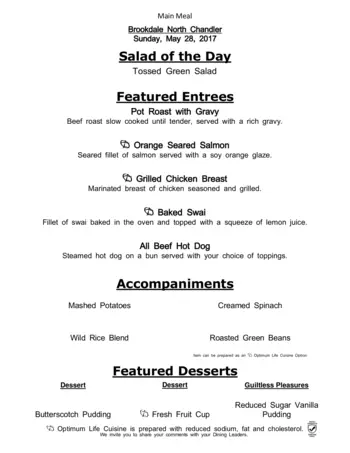 Dining menu of North Chandler Place, Assisted Living, Nursing Home, Independent Living, CCRC, Chandler, AZ 1