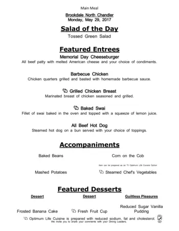 Dining menu of North Chandler Place, Assisted Living, Nursing Home, Independent Living, CCRC, Chandler, AZ 2