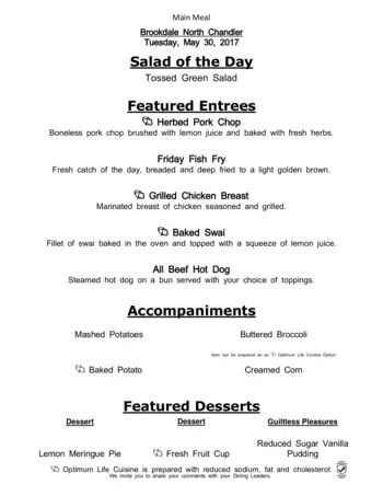 Dining menu of North Chandler Place, Assisted Living, Nursing Home, Independent Living, CCRC, Chandler, AZ 3