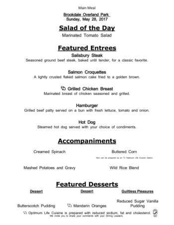 Dining menu of Brookdale Overland Park, Assisted Living, Nursing Home, Independent Living, CCRC, Overland Park, KS 1