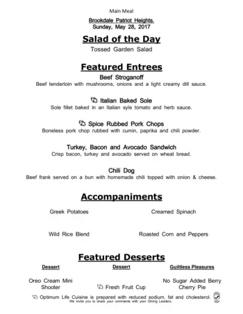 Dining menu of The Healthcare Center at Patriot Heights, Assisted Living, Nursing Home, Independent Living, CCRC, San Antonio, TX 1