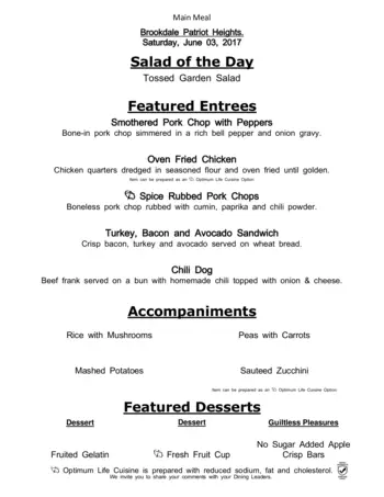 Dining menu of The Healthcare Center at Patriot Heights, Assisted Living, Nursing Home, Independent Living, CCRC, San Antonio, TX 7